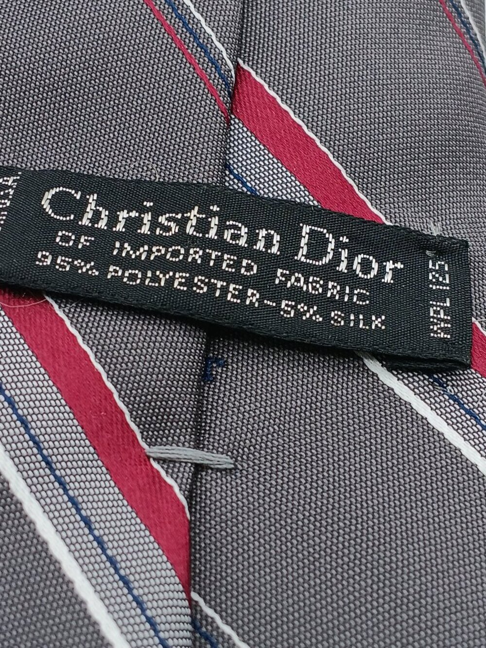 Vintage Christian Dior Logo 70s Gray Slim Tie Stripe Blue Red White Made In USA